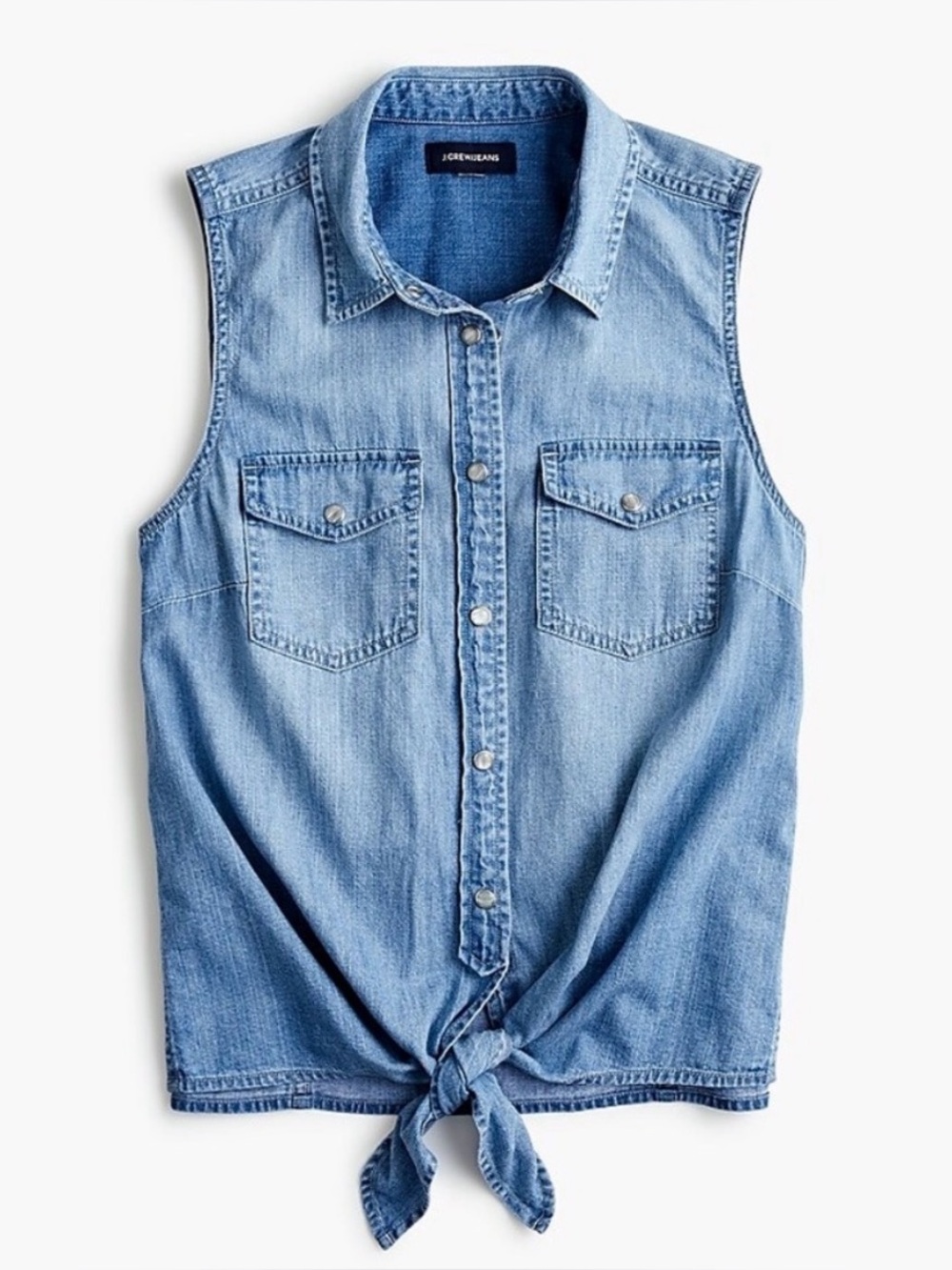 J Crew Women’s Blue Denim Sleeveless Western Pearl Snap Tie Front Shirt Size XXS